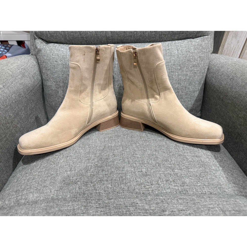 QIY Womens Beige Faux Suede Square Toe Side Zip Ankle Boots Block Heel Size 9.5